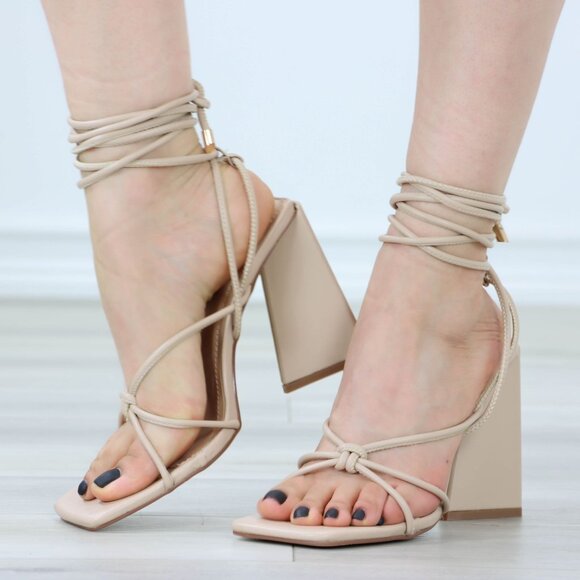 Nude Open Toe High Heel Sandals Ankle Strap Lace Ties Unique Shape Block Heel - Picture 7 of 10